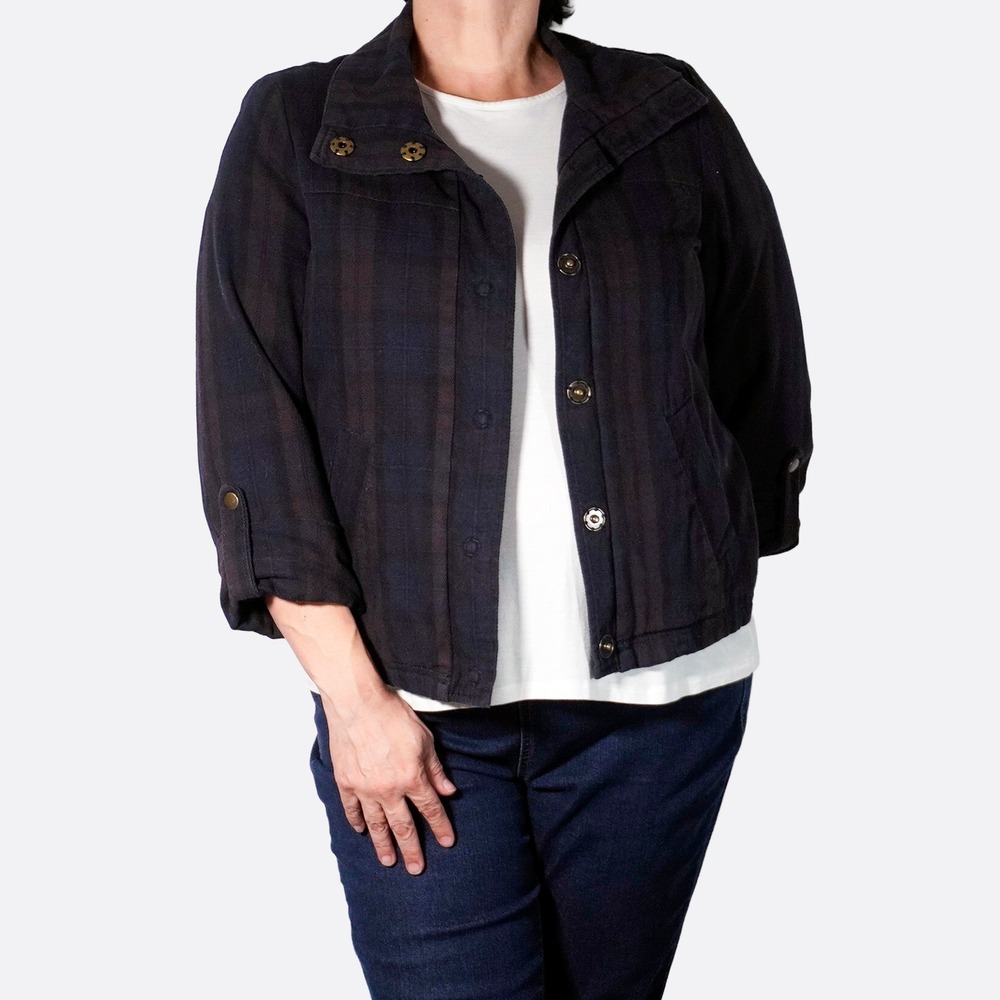 Urban Outfitters Plaid Funnel Neck Utility Jacket Navy Purple Plus 1X XL Grunge